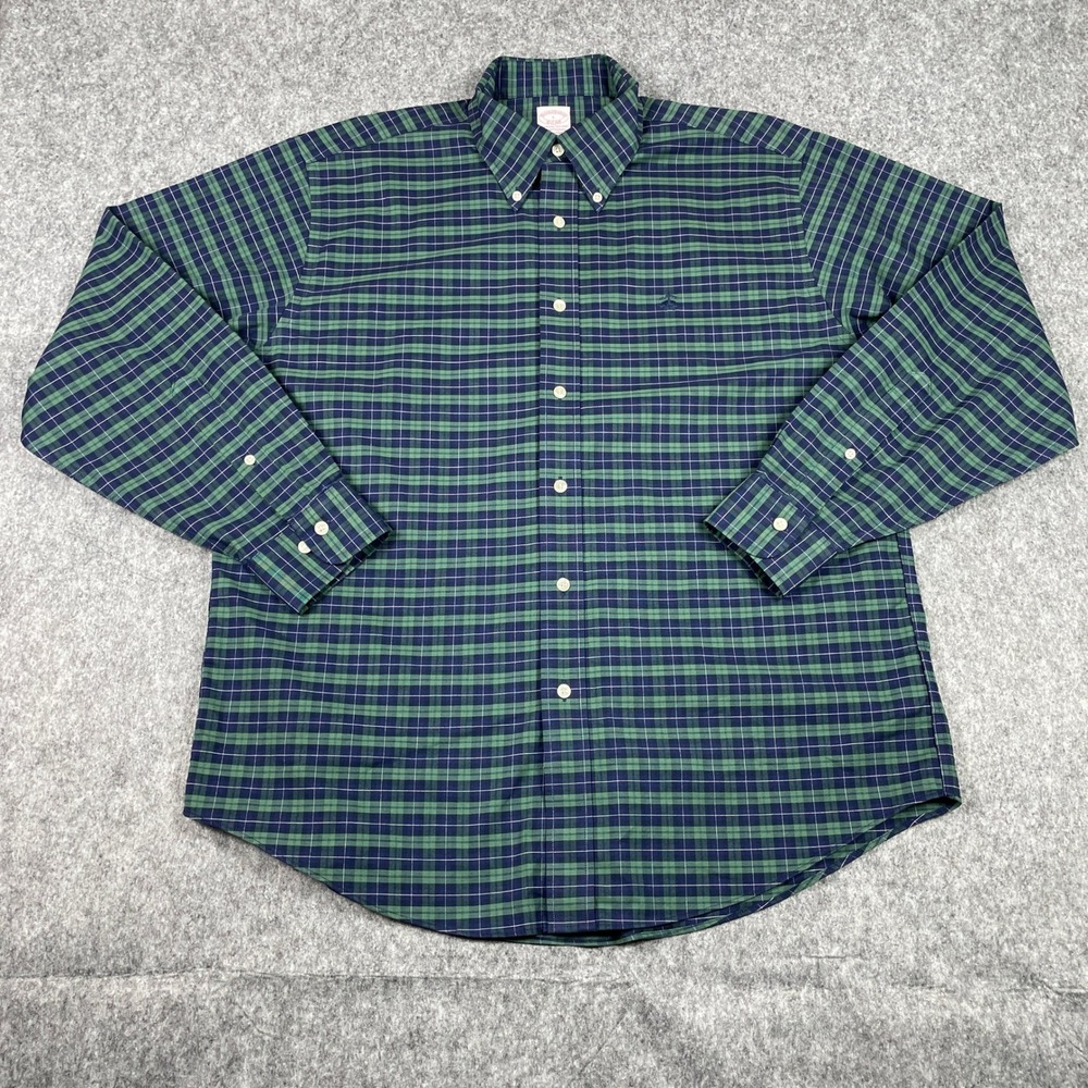 Brooks Brothers Shirt Mens Large Green Navy‎ Plaid Non-Iron Traditional Fit